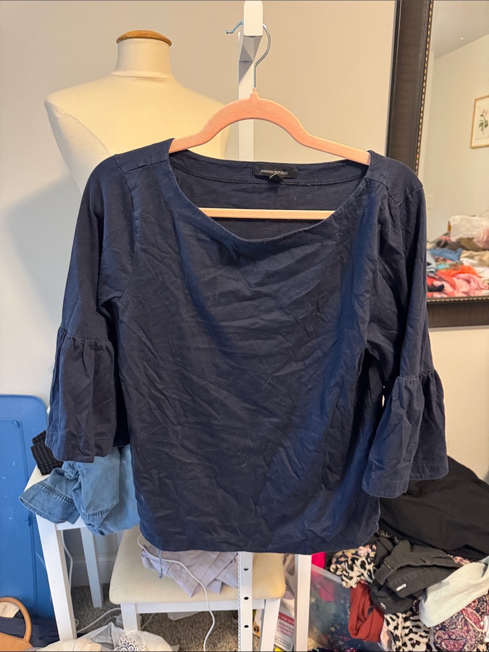 Banana Republic Navy Tiered Bell Sleeve Cotton Top